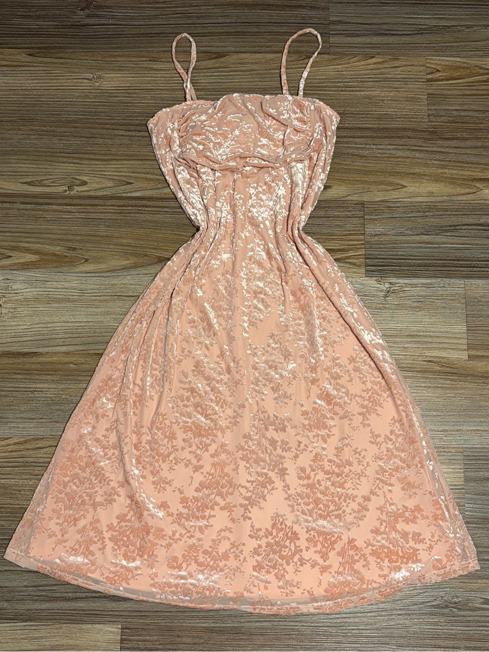Peach Velvet Floral Dress with adjustable straps- Fashion